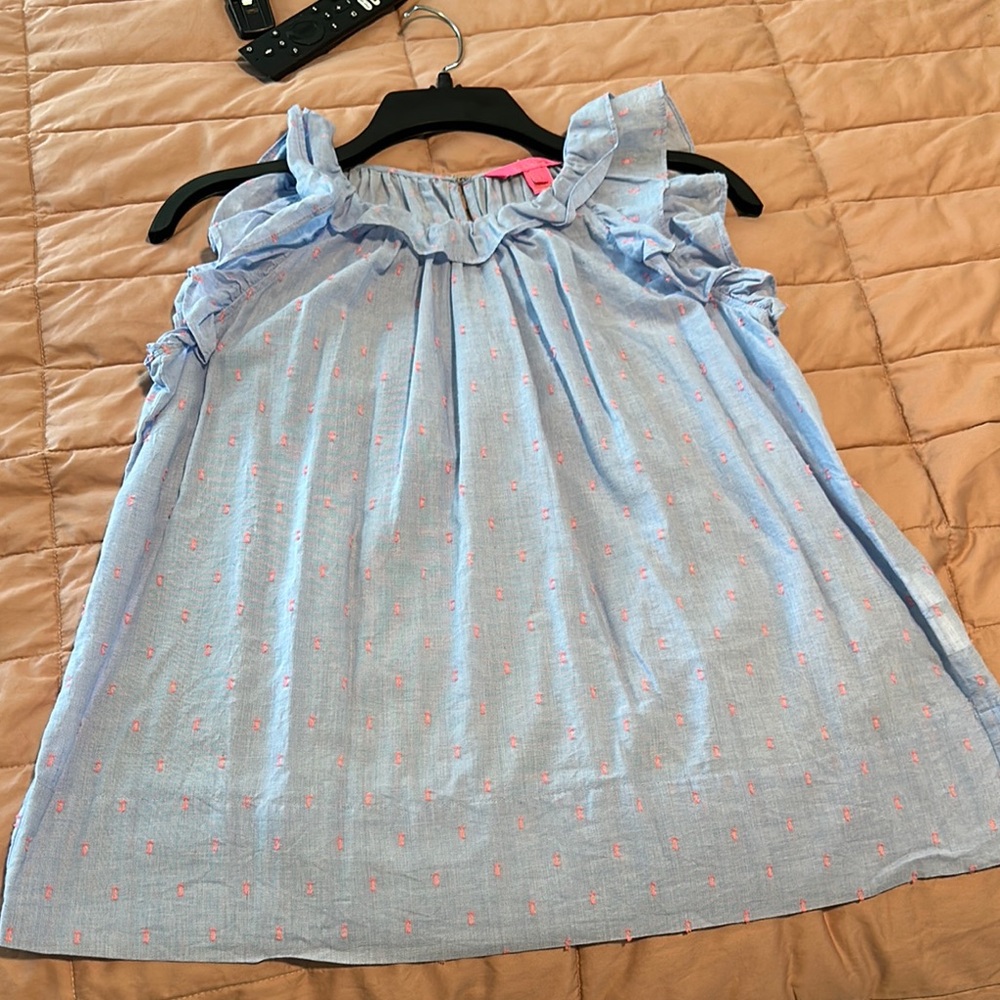 Lilly Pulitzer - Blue and Pink Sleeveless Blouse with Gathered Neckline